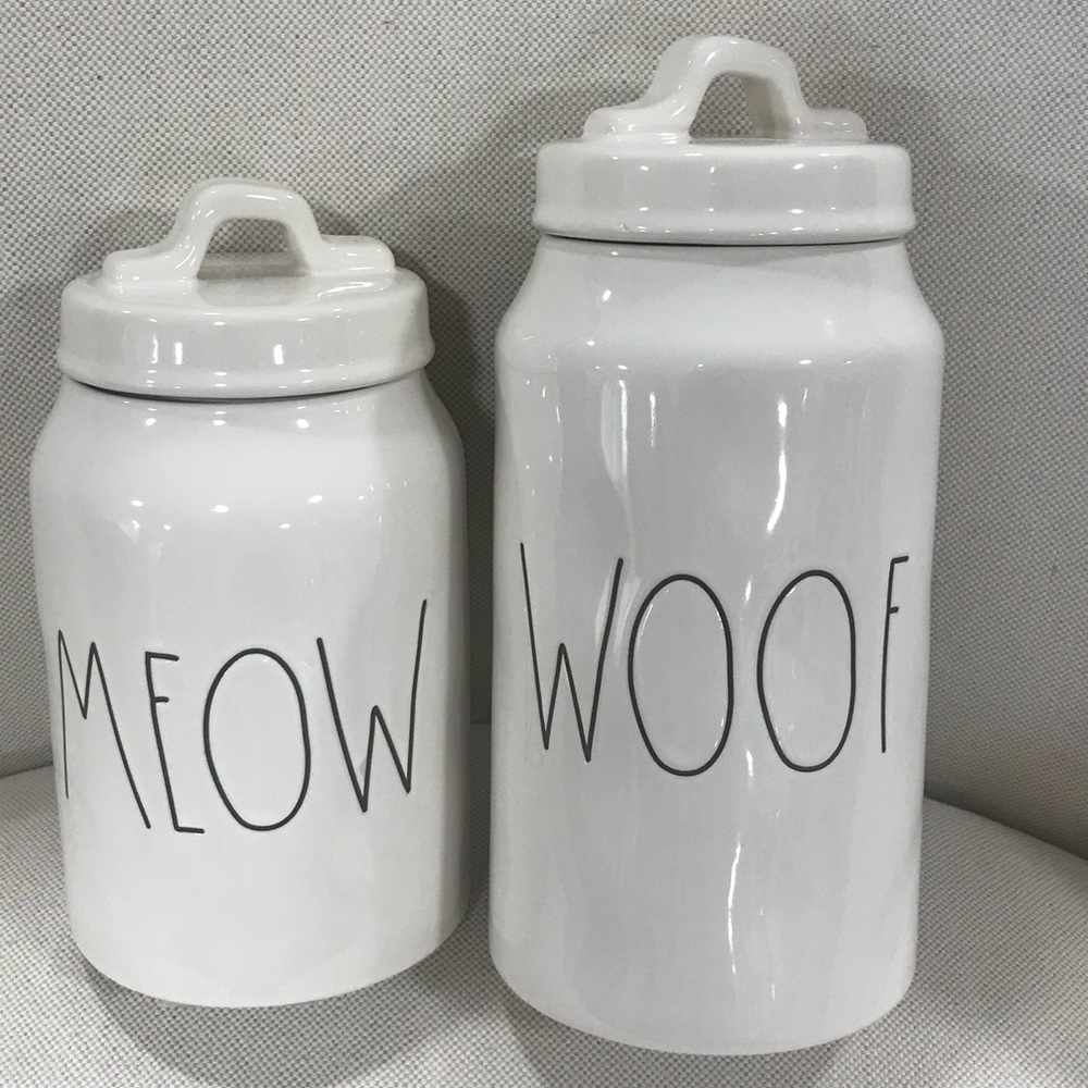 Rae dunn canisters set woof & meow